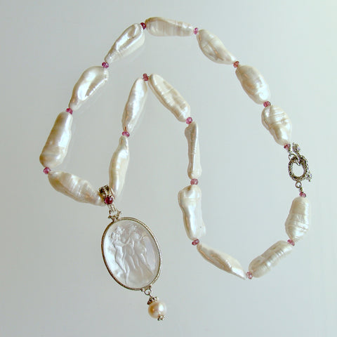 Biwa Pearls & Tourmaline Spacers w/ Intaglio Pendant - Matera III Necklace