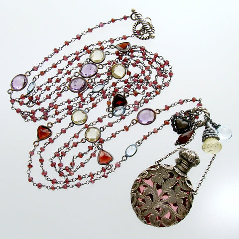 #1 Gisela III Necklace - Garnet Triple Strand Amethyst Silver Chatelaine Bottle