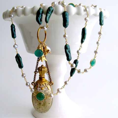 #2 Maurelle Necklace - Freshwater Pearls Green Onyx Victorian Stars Scent Bottle