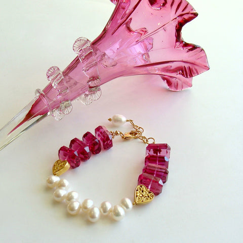 #2 Valentina III Bracelet - Raspberry Hydro Quartz Pearls Filigree Hearts