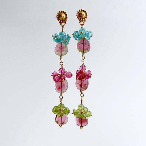 Watermelon Tourmaline Slices Pink Topaz Apatite Peridot Duster Earrings - Andrea IV Earrings