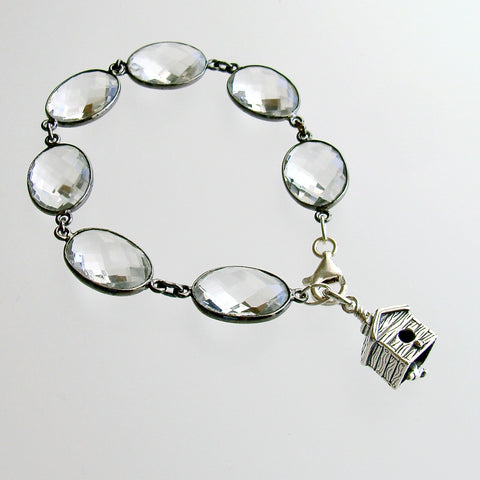 Rock Crystal Sterling Silver Birdhouse Bell Charm Bracelet - Birdhouse Bell Charm