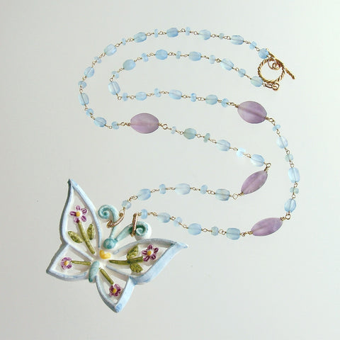 Aqua Chalcedony Matte Amethyst Reticulated Ceramic Butterfly Pendant Necklace - Farfalla Necklace