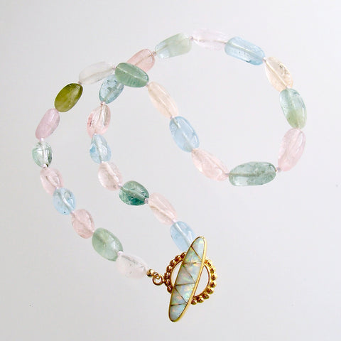 Aquamarine Morganite Heliodore Beryl Nuggets Inlay Opal Toggle Choker Necklace - Francesca II Necklace
