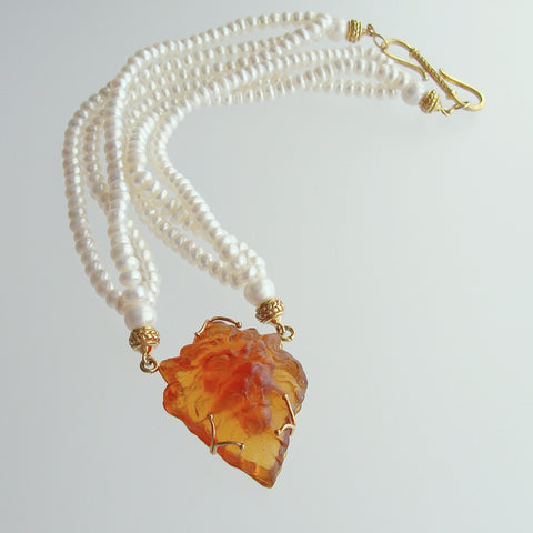 Triple Strand Button Pearls Venetian Glass Lion Head - Larize II Necklace