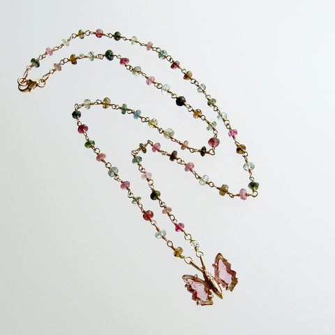 Tourmaline Butterfly Pendant Tourmaline Beaded Chain - Le Papillon XXIII Necklace