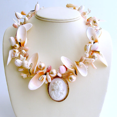 10K Gold Angelskin Coral Carved Cameo Shell Necklace - Shell of an Idea V Necklace