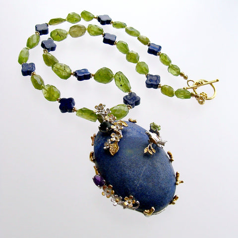 Peridot Nuggets Quatrefoil Lapis Foliate Pendant Necklace - Avery Necklace