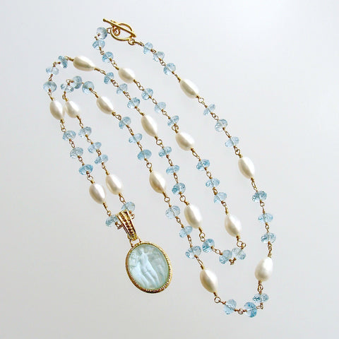 Aqua Venetian Intaglio Blue Topaz Freshwater Pearl Necklace - Matera II Necklace