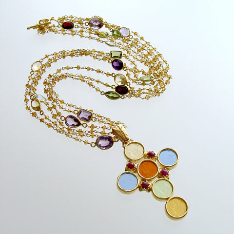 Triple Strand Citrine Venetian Glass Intaglio Cross Pendant Necklace - Maura II Stations Necklace