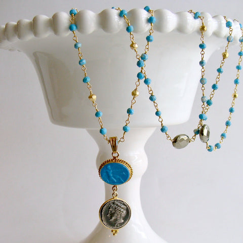 Turquoise Pyrite Layering Necklace With Venetian Glass Intaglio And Antique Coin Pendant - Triora Necklace