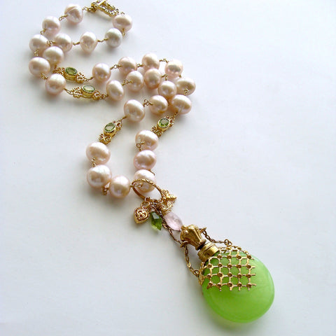 #1 Marjory Necklace Opaline Scent Bottle Peridot Pink Pearls