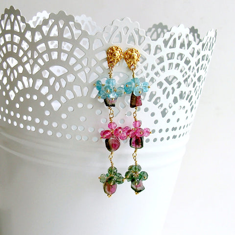 Watermelon Tourmaline Slices Pink Topaz Apatite Green Tourmaline Duster Earrings - Andrea III Earrings