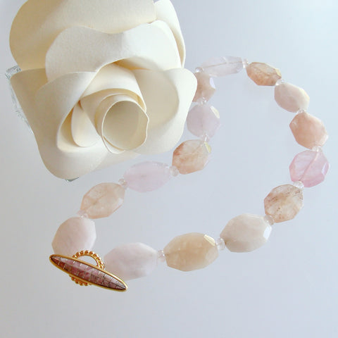Morganite Oval Slabs Rose Quartz Rhodochrosite Inlay Toggle - Bettina Necklace