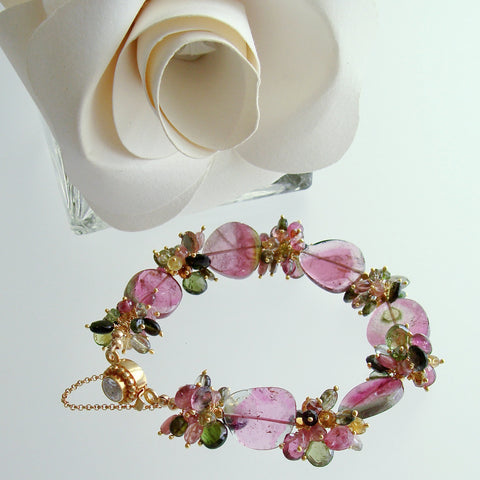 Watermelon Tourmaline Slices Tourmaline Cluster Bracelet - Clarissa VII Bracelet