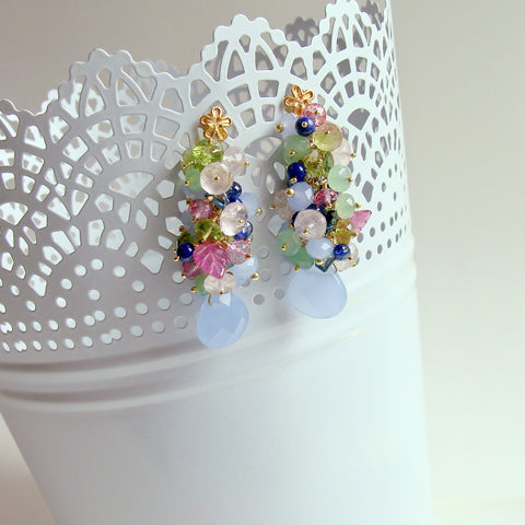Blue Chalcedony Carved Pk Sapphire Leaves Cluster Earrings - Fleur XI Earrings