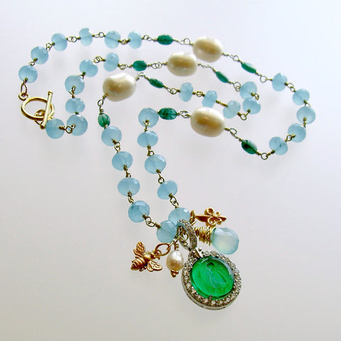 Napoleonic Bee Venetian Glass Intaglio Pendant Aqua Chalcedony Emerald Pearl Necklace - Peu d’Abelle IV Necklace