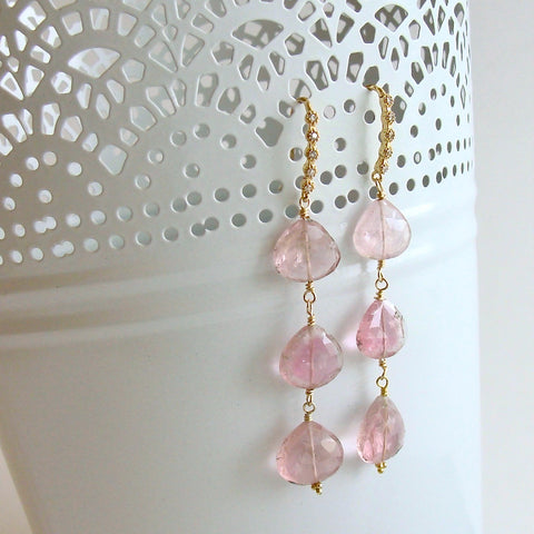 Triple Pink Afghan Tourmaline Cascading Hearts Earrings - Allison II Earrings