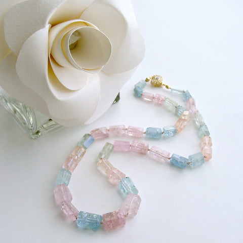 Beryl Aquamarine Morganite Necklace With 14k Gold Diamond Filigree Clasp - Belle Necklace