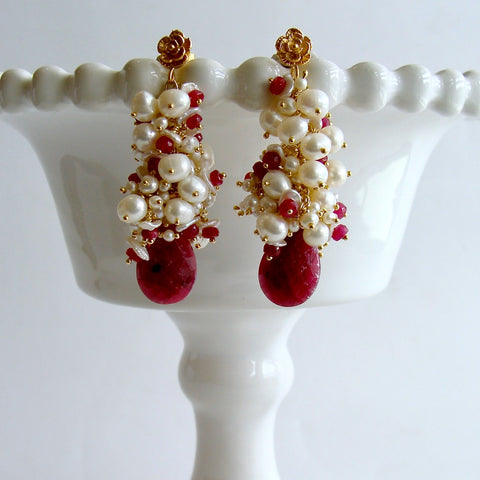Rubies Freshwater Keshi & Seed Pearls - Cherries In The Snow Cluster Earrings