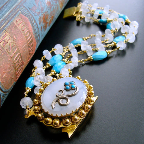 Sleeping Beauty Turquoise Moonstone Georgian Pinchbeck Clasp Bracelet - Dottie Bracelet