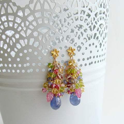 Tanzanite, Pink Topaz, Pink Zircon, Amethyst, Peridot, Blue Topaz, Citrine Cluster Earrings - Fleur VI Earrings