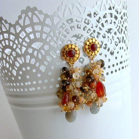 Moonstone Citrine Sesparite Quartz Zircon Hessonite Carnelain Cluster Earrings - Fleurs d’Automme Earrings