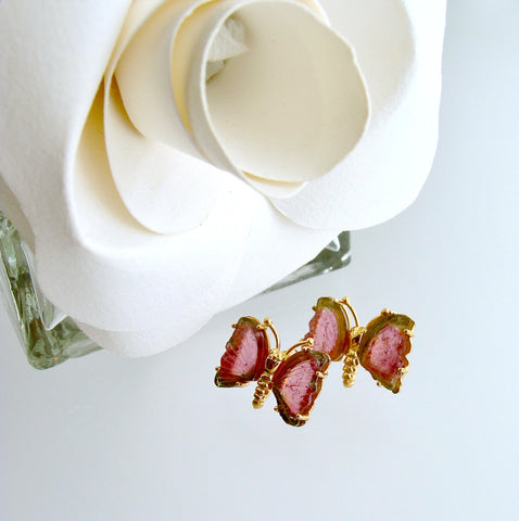 Le Papillon Post Earrings - Watermelon Tourmaline Butterfly Slices