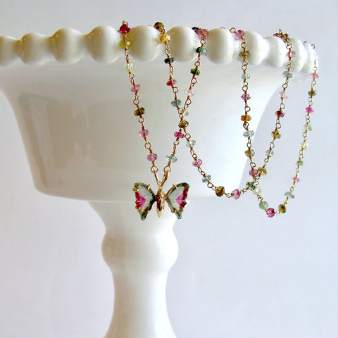 18K Gold Watermelon Tourmaline Butterfly Pendant Tourmaline Beaded Chain - Le Papillon XXII Necklace