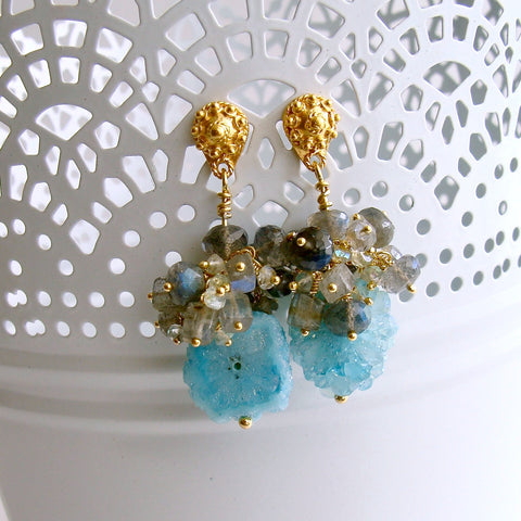 Aqua Stalactite Slices With Aquamarine Labradorite Clusters - Millie Earrings