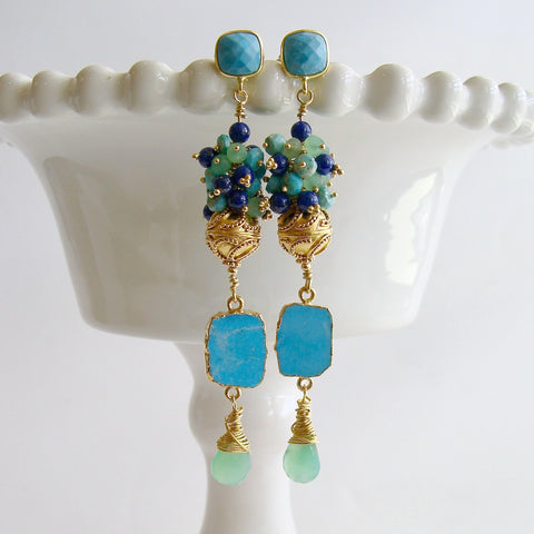 Sleeping Beauty Turquoise Chrysoprase Lapis Cluster Earrings - Morgaine Duster Earrings