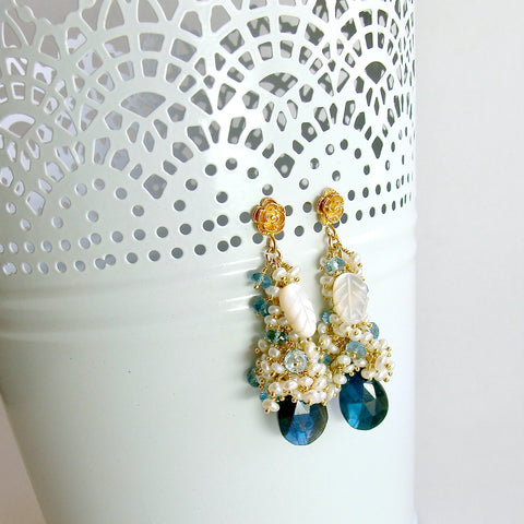 Labradorite Seed Pearls London Blue Topaz Cluster Earrings - Neige de Jardin Earrings