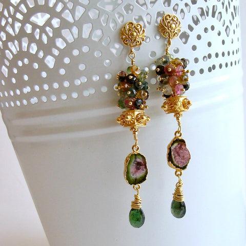 Tourmaline Slices Long Tourmaline Cluster Earrings - Tatiana III Earrings