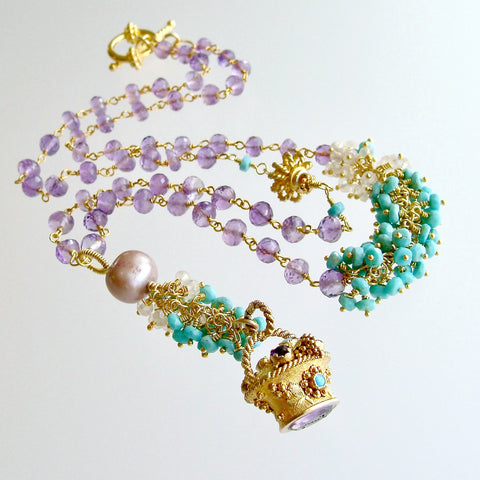 #3 Lucy Necklace - 18KYG Lucy Fob Sleeping Beauty Turquoise Amethyst Mystic Moonstone