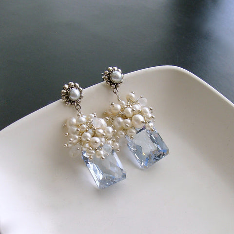 Emerald Cut Sky Blue Topaz Seed Pearl Rainbow Moonstone Cluster Earrings - Diana VI Earrings