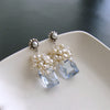 Emerald Cut Sky Blue Topaz Seed Pearl Rainbow Moonstone Cluster Earrings - Diana VI Earrings