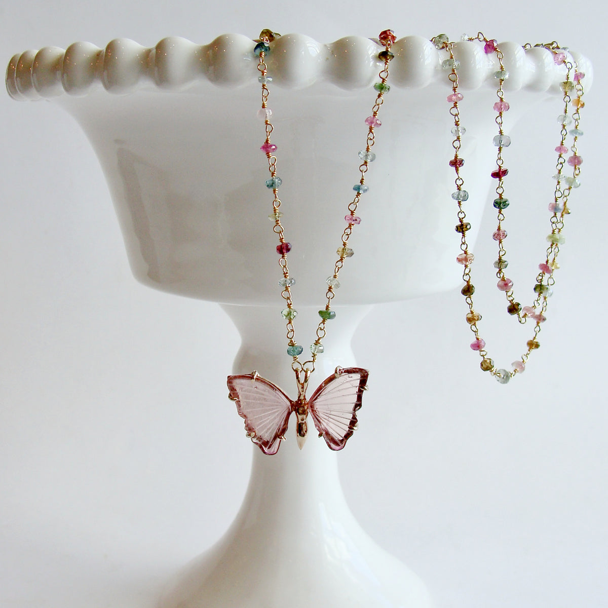 Pink Tourmaline Butterfly Pendant Tourmaline Beaded Chain - Le Papillon  XXIV Necklace