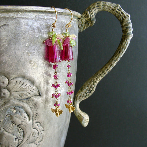 Carved Hot Pink Quartz Pink Sapphire Peridot Lemon Quartz Leaves Bee Flower Earrings - Veronica’s Garden II Earrings