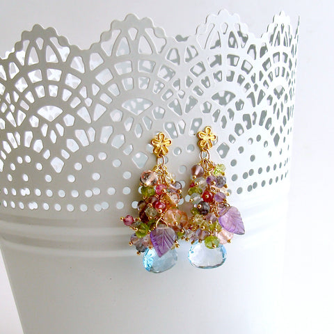 Blue/Pink Topaz, Amethyst, Lemon/Cherry Quartz, Peridot, Iolite Cluster Earrings - Fleur VII Earrings