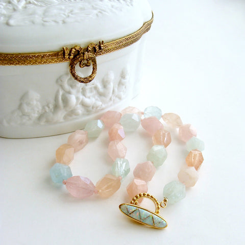 Beryl Aquamarine Morganite Nugget Choker Necklace Opal Inlay Toggle - Candie Necklace