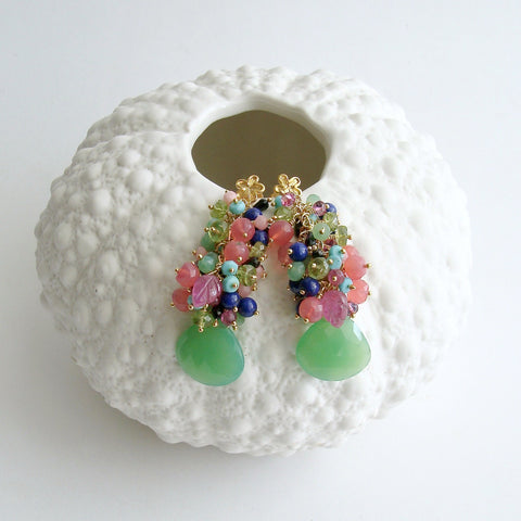 Chrysoprase Turquoise Peridot Lapis Spinel Pink Sapphire Leaves Cluster Earrings - Fleur VIII Earrings