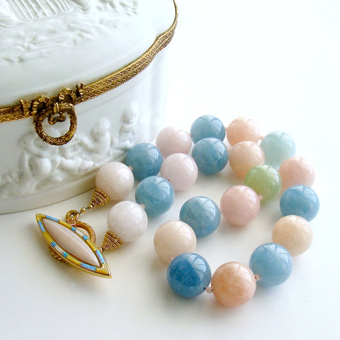 Beryl Aquamarine Morganite Choker Necklace Opal MOP Toggle Clasp - Fontanne IV Necklace