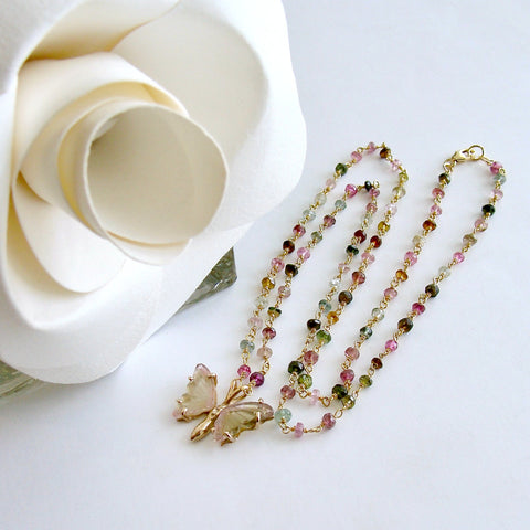 Ballet Pink Green Watermelon Tourmaline Butterfly Necklace - Papillon XVIII Necklace