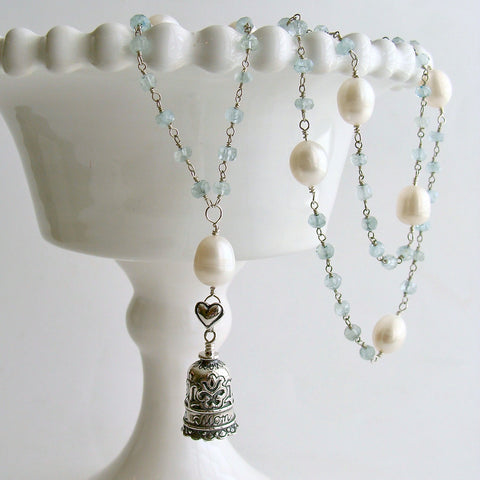 Aquamarine Pearl Sterling Silver “MOM” Heart Bell Pendant Necklace - “Mom” Bell Necklace