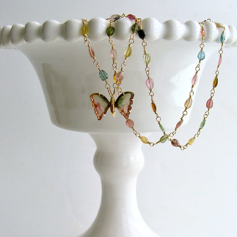 18/14K Solid Gold Pink Green Watermelon Tourmaline Butterfly Necklace - Le Papillon XIV Necklace
