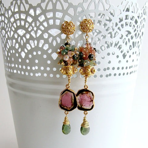 Tourmaline Slices Long Tourmaline Cluster Earrings - Tatiana Earrings