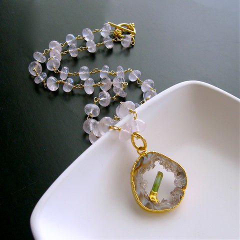 #5 Langley Necklace - Rose Quartz Druzy Slice Tourmaline Crystal