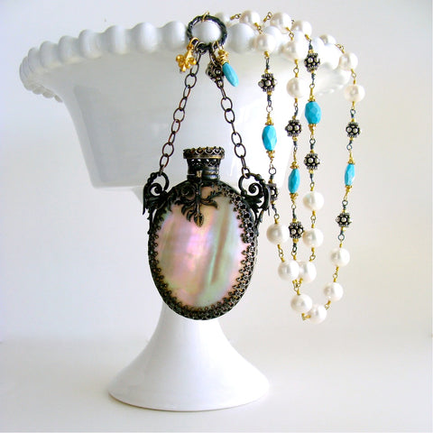 #3 Alana Necklace - MOP Scent Bottle Pearls Turquoise