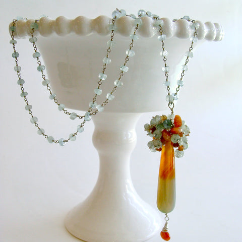 Moss Aquamarine, Sunstone, Spessartite, Hessonite Clusters and Agate Pendant Necklace - Abbi II Necklace
