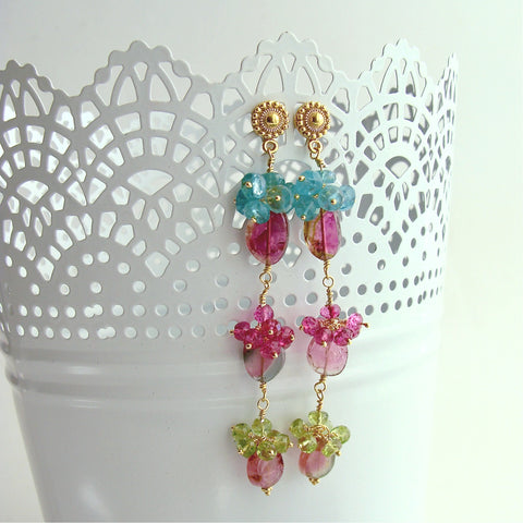 Watermelon Tourmaline Slices Pink Topaz Apatite Peridot Duster Earrings - Andrea V Earrings